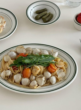 Tuxton绿线条椭圆盘复古意面盘子家用蒸鱼盘牛排盘店用brunch餐盘