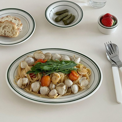 Tuxton绿线条椭圆盘复古意面盘子家用蒸鱼盘牛排盘店用brunch餐盘