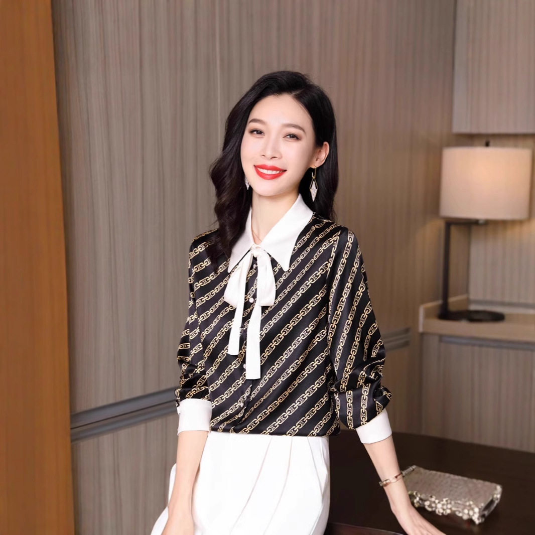 条纹蝴蝶结系带优雅翻领百塔女士衬衫