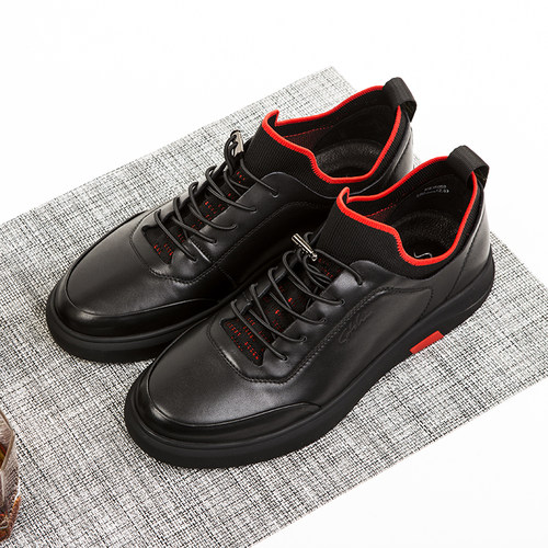 沙驰新款亮皮磨砂黑休闲风男鞋