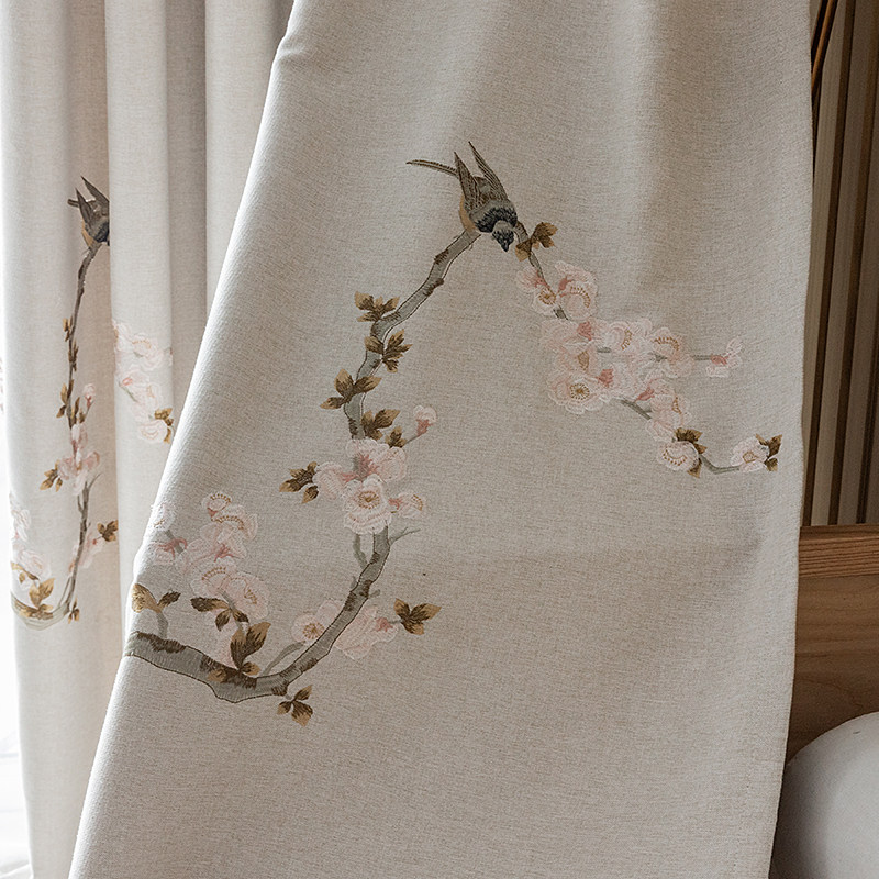 2021新款米色高遮光绣花棉麻成品窗帘客厅卧室定制中式加厚布纱帘