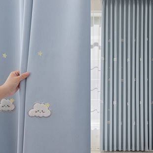 儿童高遮光3D立体浮雕绣花双面马卡龙蓝窗帘成品卡通飘窗布帘定制