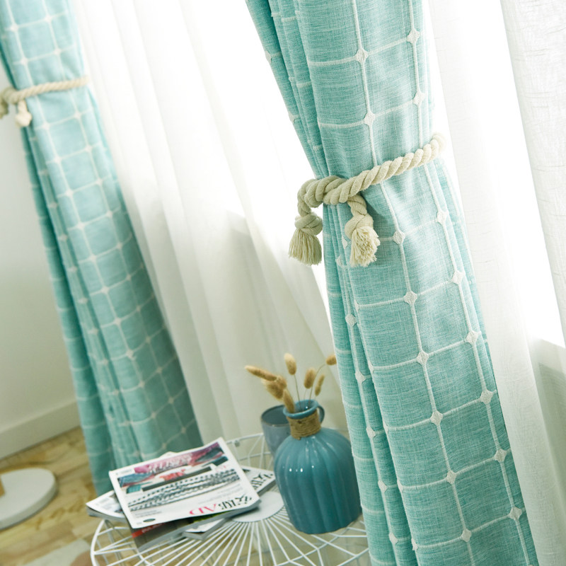 现代简约成品定制遮光书房窗帘客厅阳台棉麻格子纯色飘窗布帘纱帘