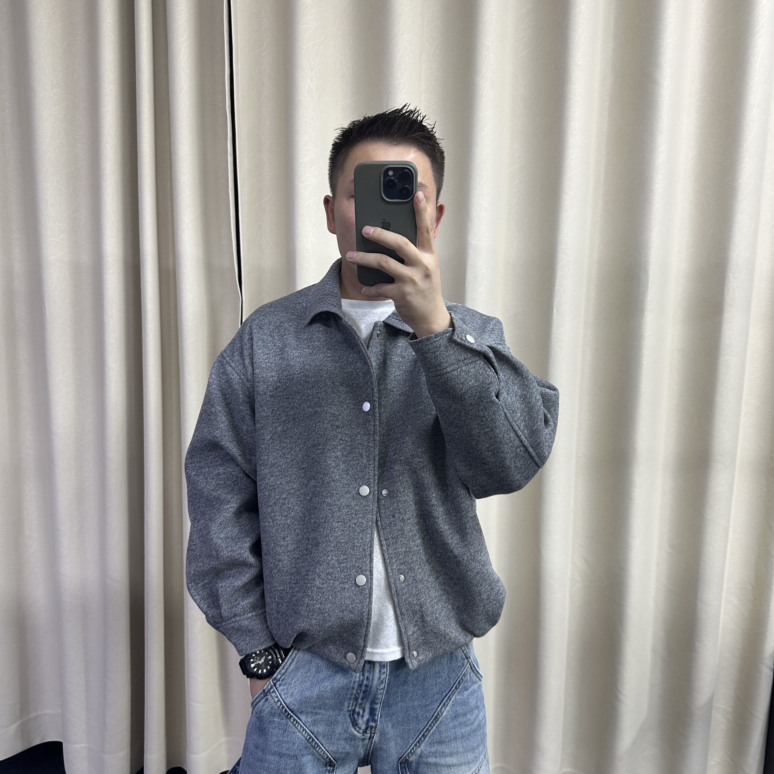 羊毛混纺短款毛呢夹克男秋季新款翻领拼接针织领宽松休闲上衣外套