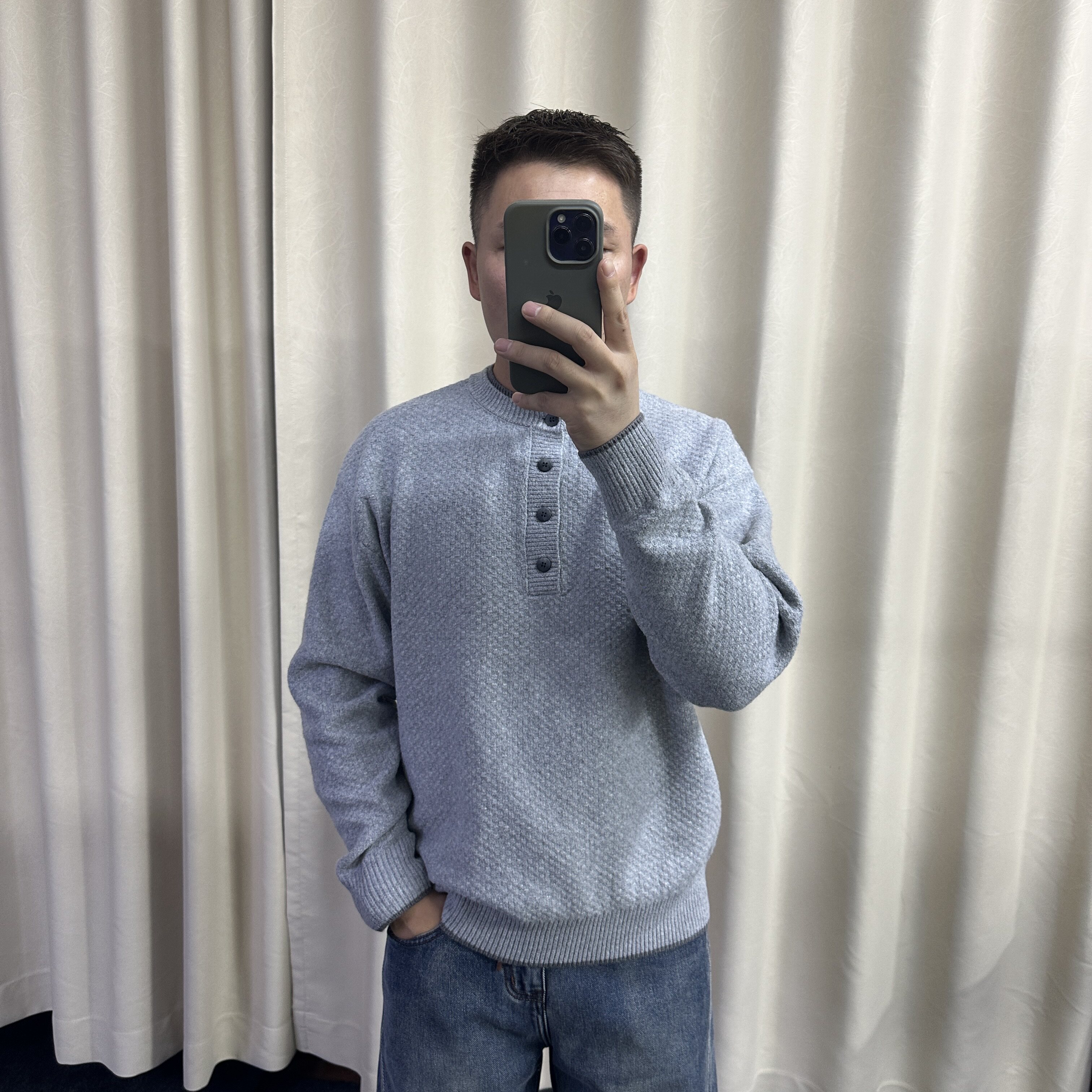 日系复古亨利领毛衣男士秋冬季简约加厚宽松慵懒感套头针织衫上衣