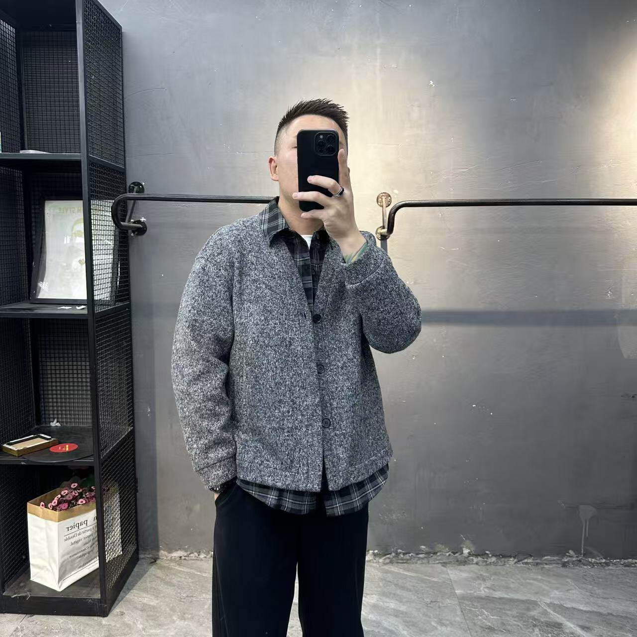 深灰色假两件V领毛衣开衫夹克男秋季韩版休闲拼接设计感针织外套