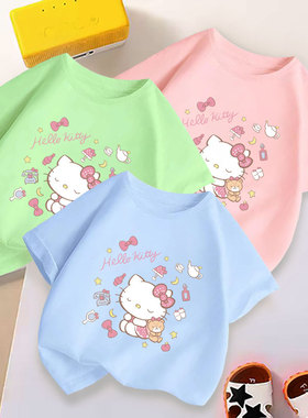 日系可爱kt猫纯棉短袖t恤女夏季高级小众亲子装体恤上衣洋气纯棉
