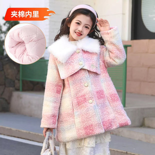 迪士尼米妮女童毛呢外套洋气时髦儿童冬装加厚保暖格子棉服袄子