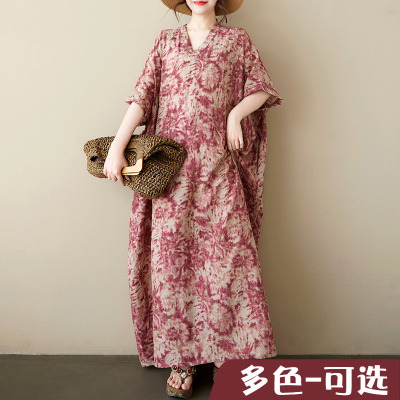 外贸出口夏季新品波西米亚V领棉麻印花连衣裙 女士大码休闲外贸裙