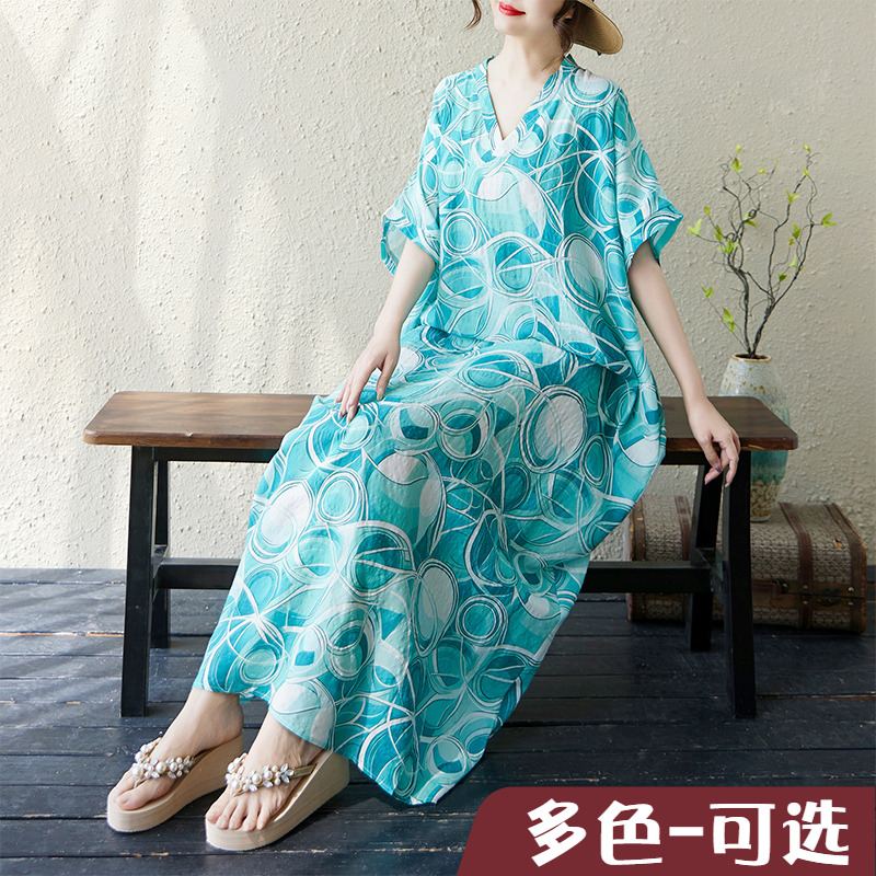 薄款夏季v领薄棉麻大码宽松文艺度假风沙滩裙复古遮肉长款袍子