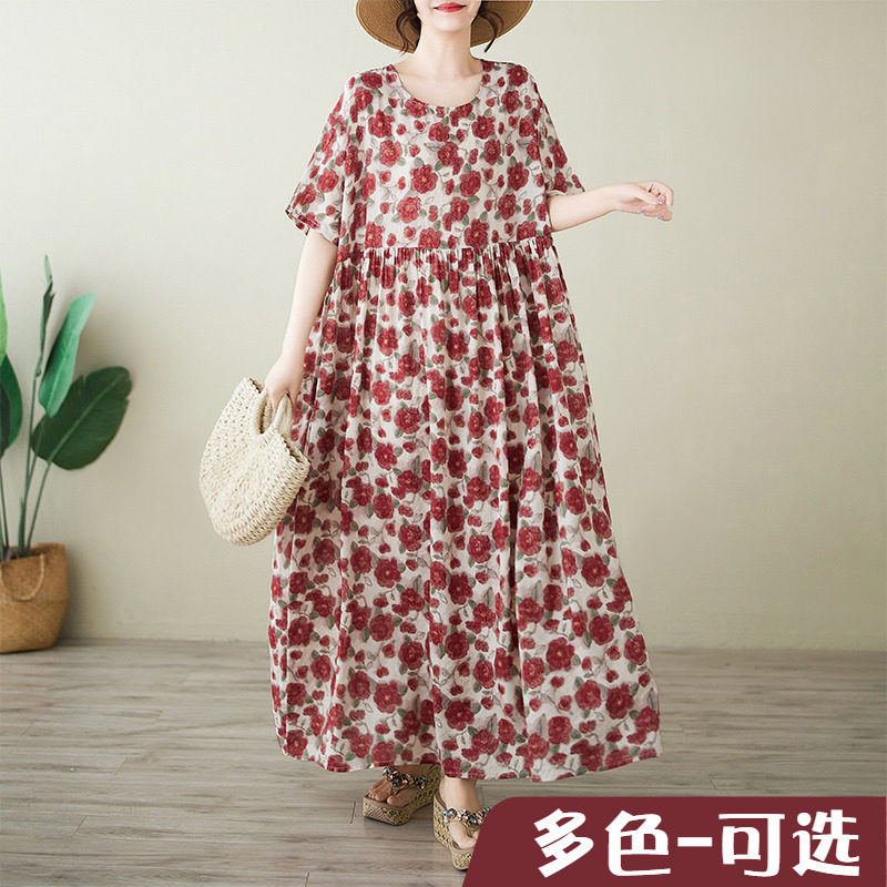 捡漏折扣外贸简约时尚长裙夏季新款加肥加大短袖圆领印花连衣裙子