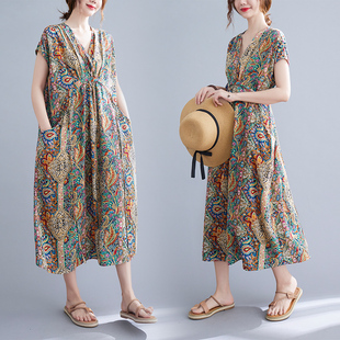 波西米亚连衣裙腰带宽松长裙袍子大码 女装 显瘦度假裙束腰 新品 夏季