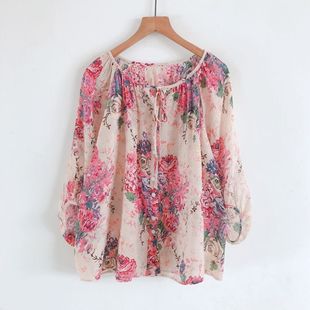 夏季轻薄款文艺复古度假风上衣宽松大码领口细带印花七分袖子包邮