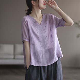 棉麻短袖衬衫女夏季复古文艺刺绣大码宽松亚麻半袖上衣薄款透气