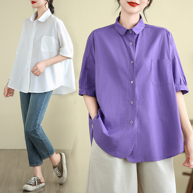 韩版通勤宽松a字斗篷纯色中袖上衣娃娃领衬衫纯色单排扣子休闲女