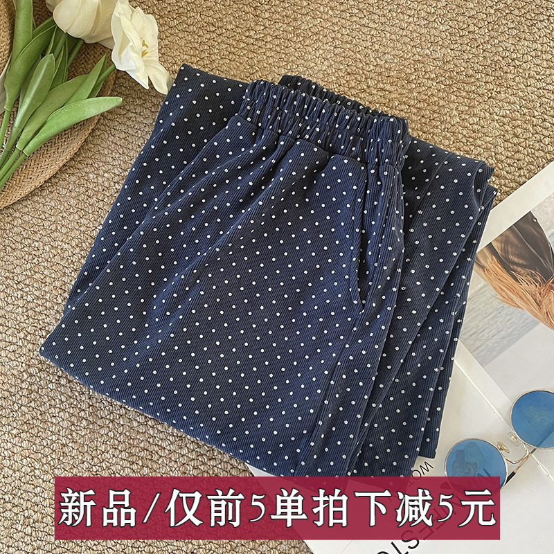 藏青色波点裤子女 新款秋冬休闲裤长裤阔腿裤灯芯绒松紧腰裤子薄