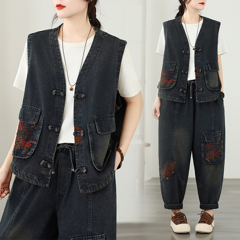捡漏刺绣复古盘扣牛仔新中式坎肩背心水洗贴布绣哈伦牛仔裤两件套,女装/女士精品,时尚套装,淘宝优惠券,粉丝福利购,淘宝优惠卷