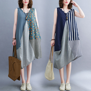 中长款 宽松大码 不规则连衣裙 背心裙女夏装 文艺范条纹拼接V领无袖