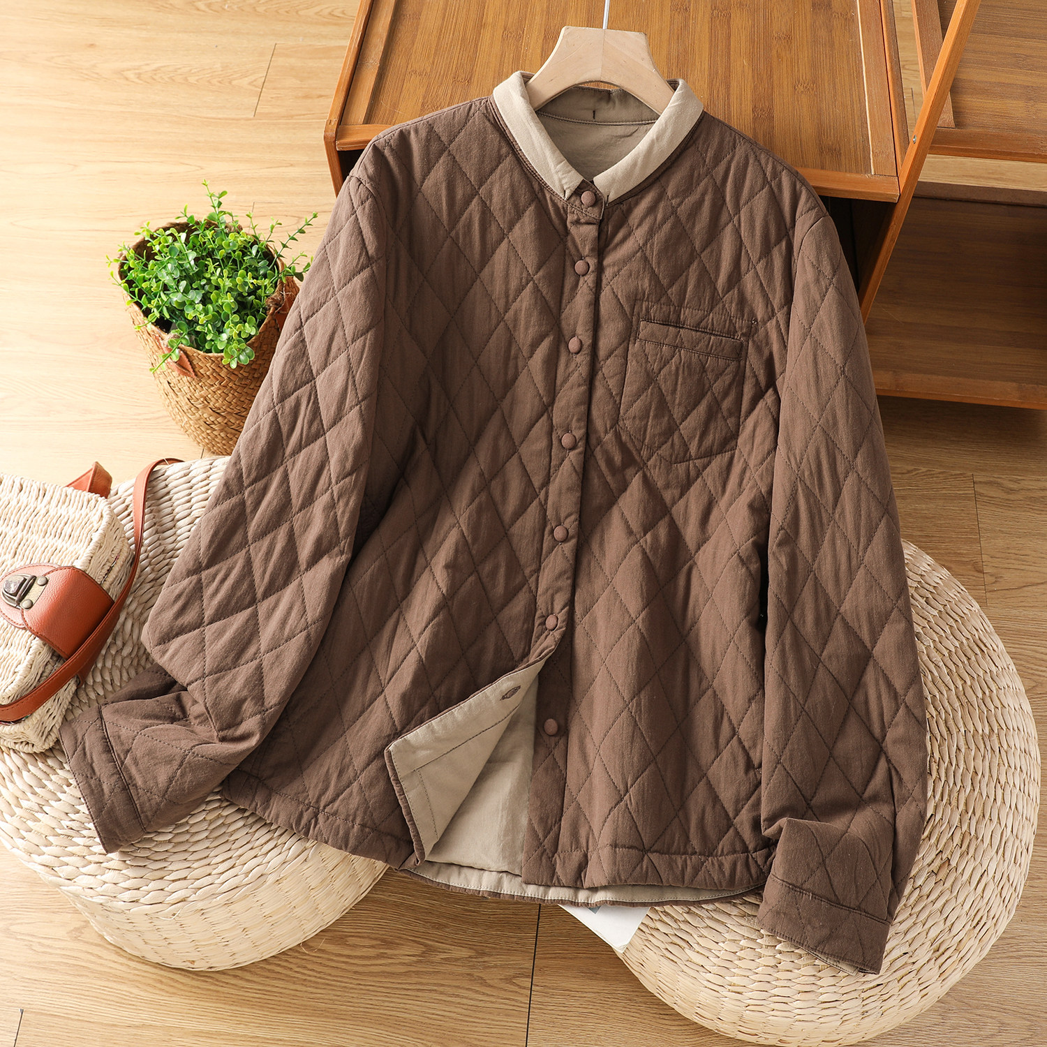 上衣新款菱行格纹棉服外套女冬领口撞色复古文艺休闲 轻薄小棉衣,女装/女士精品,棉衣/棉服,淘宝优惠券,粉丝福利购,淘宝优惠卷