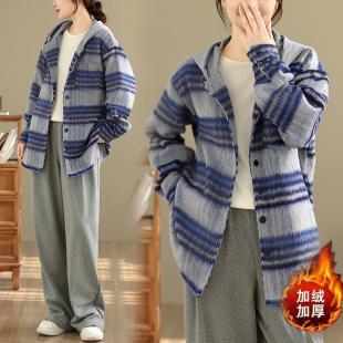 秋冬日韩外贸法兰绒格子拼色连帽加厚衬衫式慵懒休闲夹克女装外套