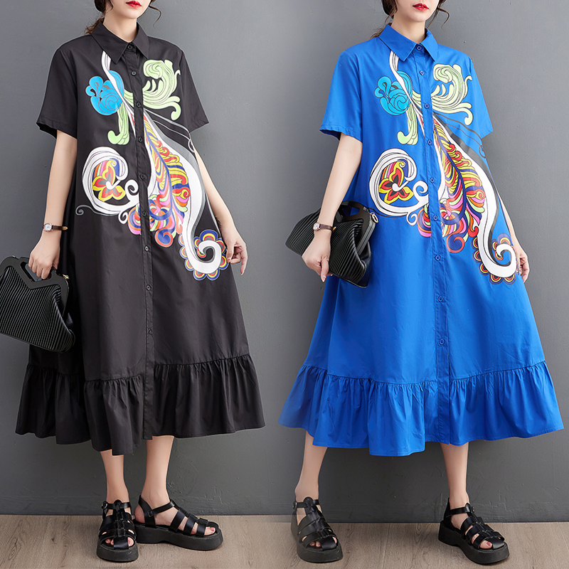 折扣春夏韩版新款宽松大码印花拼接休闲简约衬衫连衣裙子凤凰正品