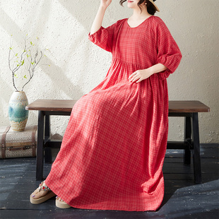 外贸出口简约文艺风桔红暗格圆领灯笼袖 加大连衣裙女 宽松显瘦大版