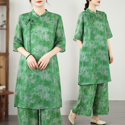 绿色花江南水墨新款中式长款连衣裙茶服显瘦棉麻阔腿裤套装两件套