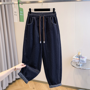 女蓝色薄款 大码 印花拼接抽绳高腰显瘦牛仔直筒裤 复古时尚 秋冬新款