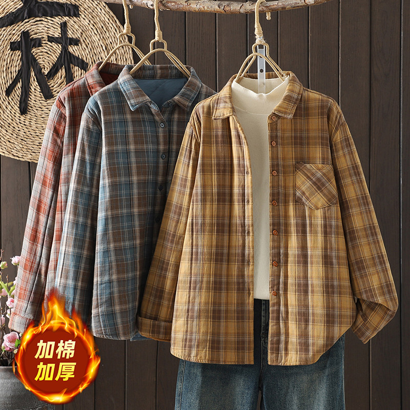 长袖夹棉加厚格子冬季衬衫新款宽松显瘦复古休闲上衣文艺双层衬衣
