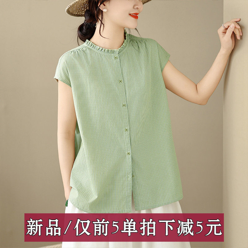 文艺纯棉绿色小格子衬衫女夏季宽松荷叶边圆领衬衣休闲上衣T恤衫