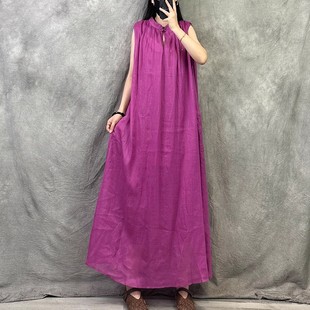 有里衬高品质天然苎麻连衣裙女2025新款夏季大码洋气质无袖长裙子