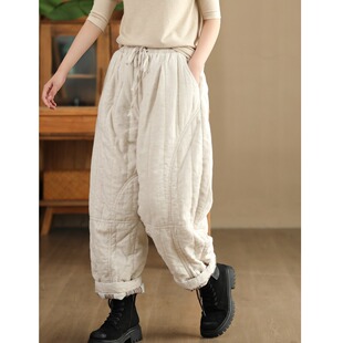 子 冬文艺内里色织格纹夹棉保暖长裤 复古炒色亚麻砂洗加厚棉裤 女