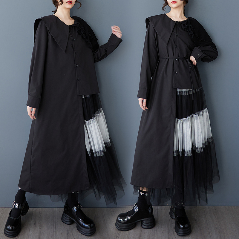 外贸出口春夏新款宽松时尚暗黑不规则设计网纱拼接中长款衬衫裙