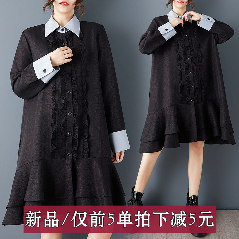 外贸单春装新款宽松时尚设计感撞色拼接木耳边褶皱百搭衬衫连衣裙