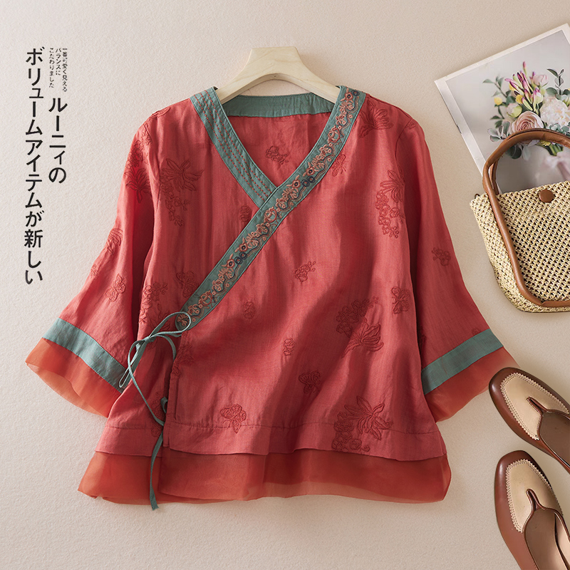 复古中式棉麻绣花衬衫女夏季欧根纱拼接斜襟系茶服上衣