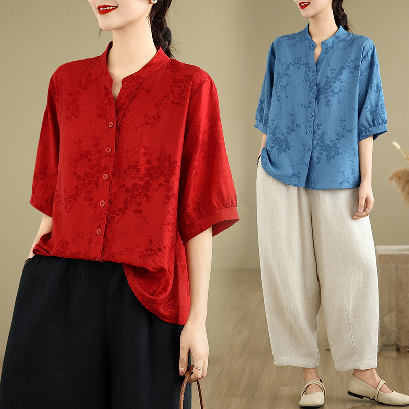 折扣捡漏 夏季文艺棉麻印花短袖t恤女宽松大码棉麻开衫上衣衬衫
