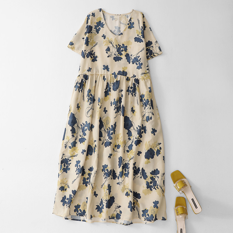 折扣春夏季复古印花裙子蓝色花涤纶连衣裙圆领短袖高腰中长款裙子