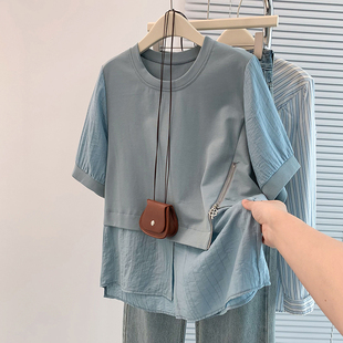 短袖 胖mm宽松休闲百搭设计感拼接显瘦遮肚子大码 T恤 新款 外贸夏季