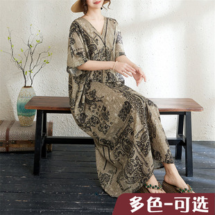 外贸出口大码原创短袖v领薄棉麻印花宽松显瘦连衣裙女 加肥加大