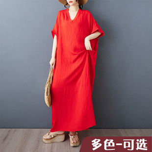 薄居家外穿夏季新款红色v领文艺旅游度假风沙滩裙遮肉长款袍子女