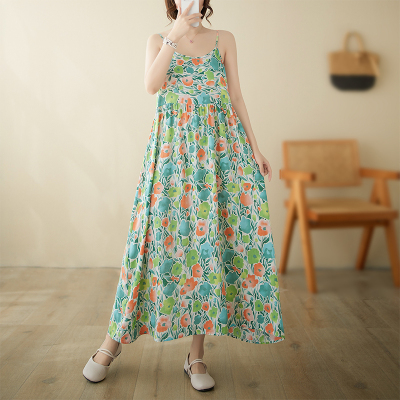 夏新款文艺甜美A字裙淑女宽松型抹胸型套头无袖吊带连衣裙女高腰