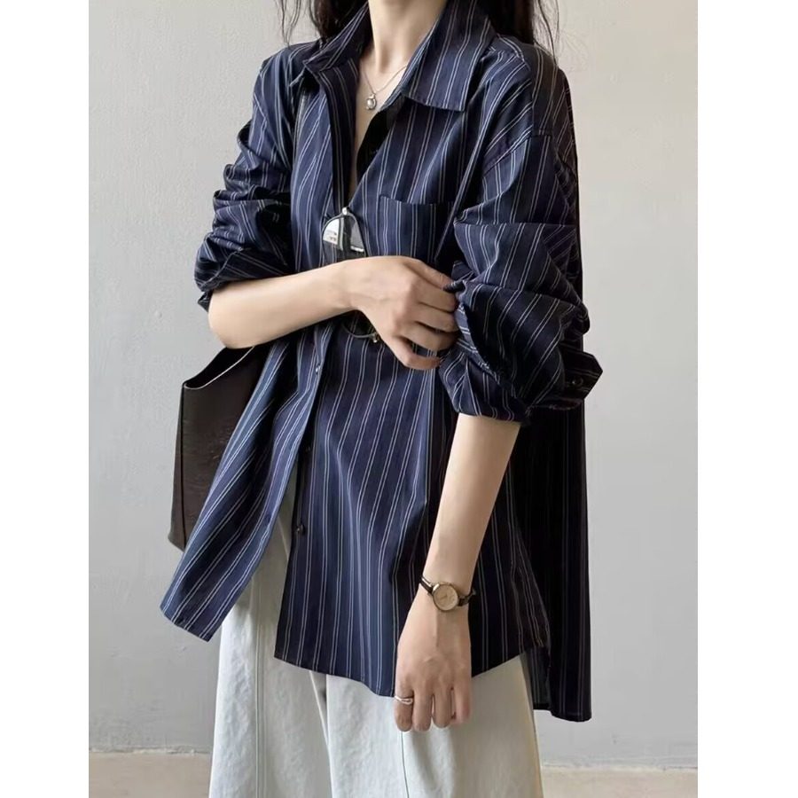 春季长袖衬衫女新款休闲宽松显瘦垂感高级感上衣条纹长袖子好质量