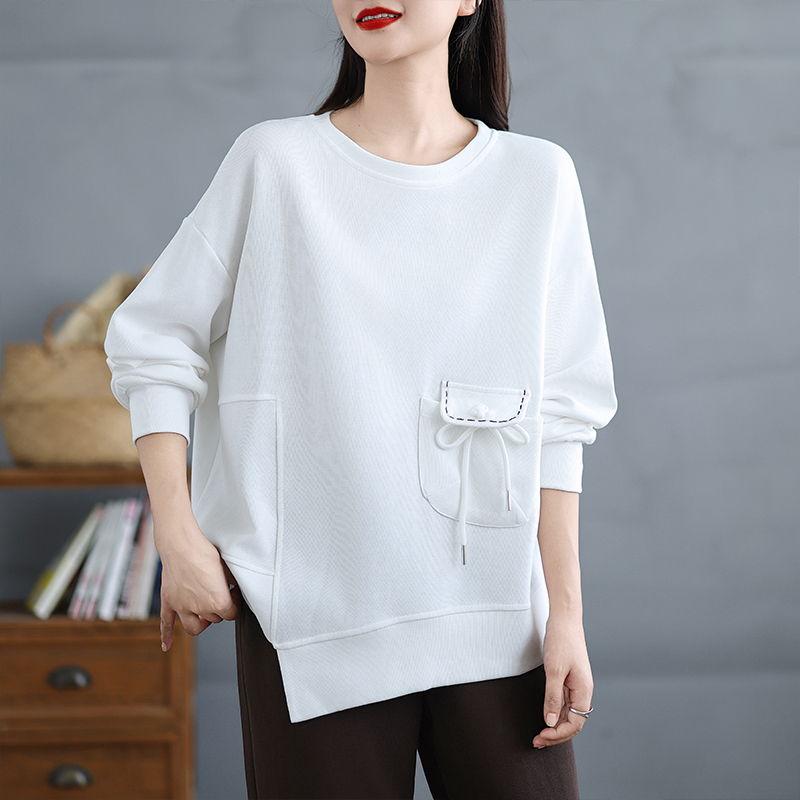 早秋休闲大码圆领纯色套头卫衣大口袋不规则系绳上衣圆领纯色长袖