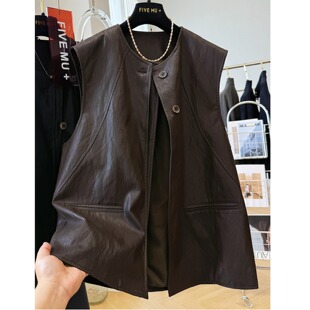 叠穿背心外套 皮马甲女秋季 2025新款 高级感独特别致设计感圆领无袖