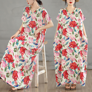 春夏蝙蝠袖 宽松棉绸清新花卉印花长袍连衣裙V领长袍女