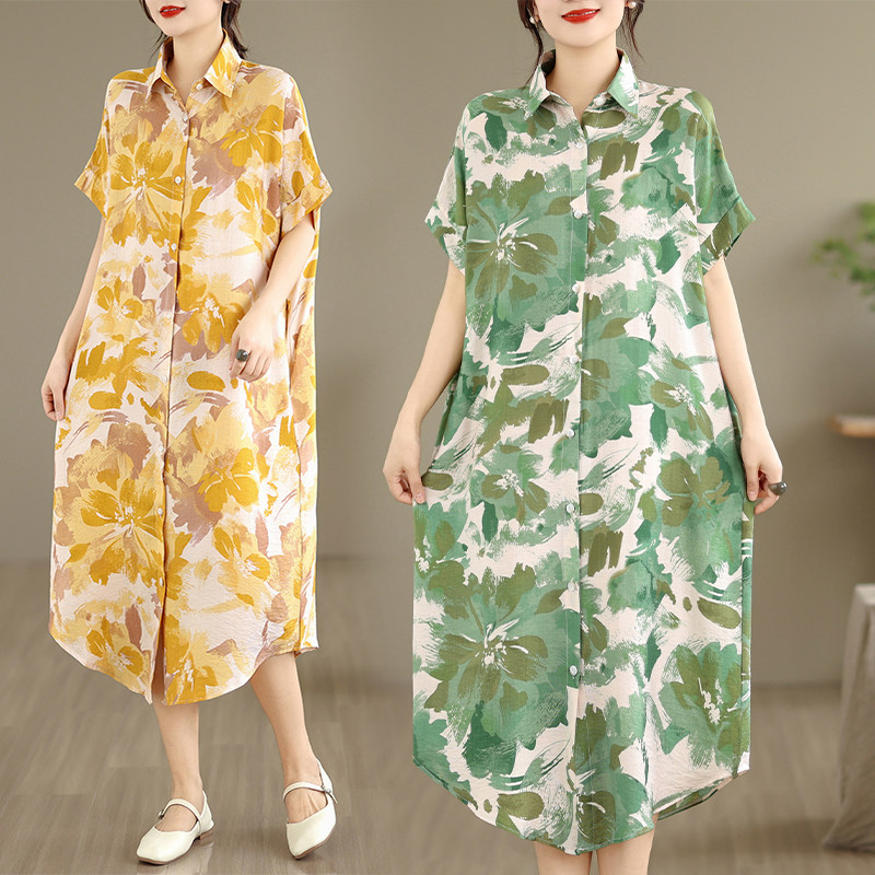 印花大码衬衣裙子 夏季棉麻文艺胖MM中长款休闲连衣裙加长衬衫女