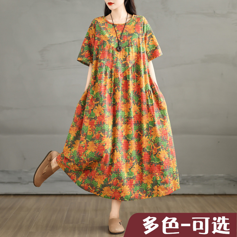 复古棉麻圆领花口袋短袖连衣裙女宽松显瘦A字裙子花裙子高腰遮腹