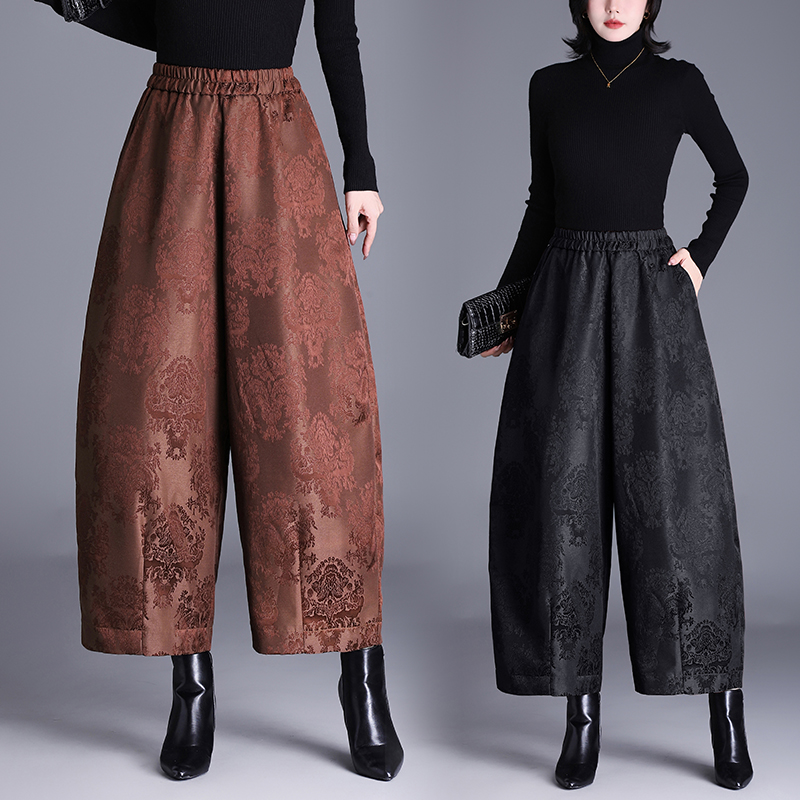 胖裤腿国风提花阔腿裤女秋冬新款保暖羽绒棉裤九分灯笼裤休闲靴裤