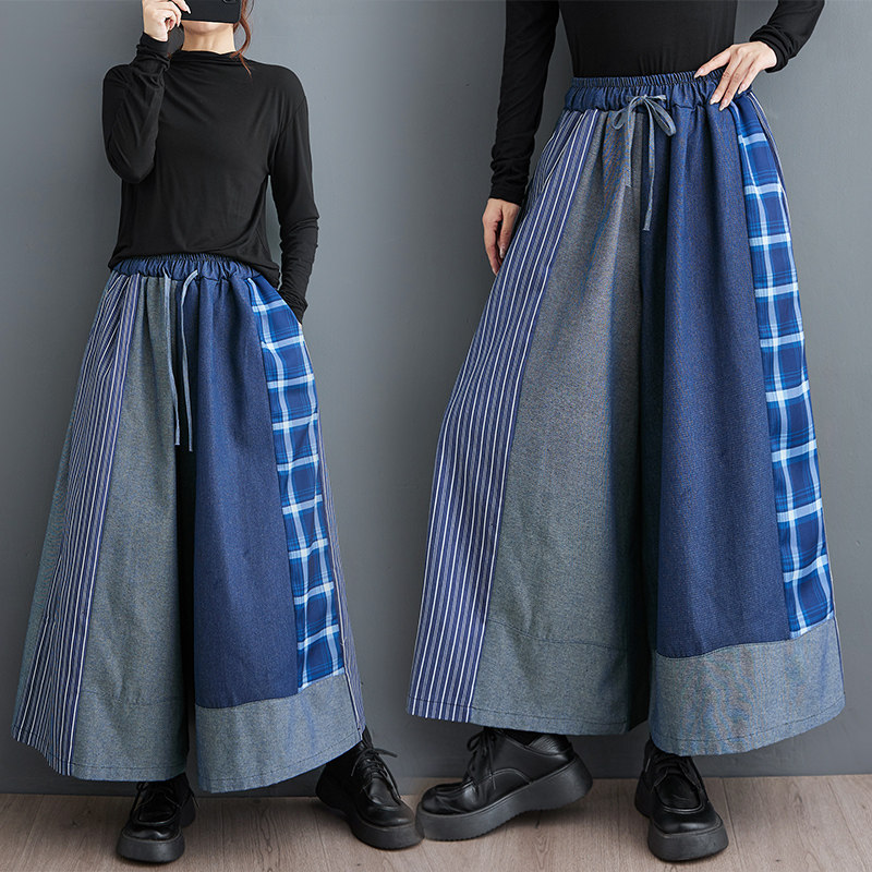 春秋款日系复古休闲裤牛仔拼接长裤百搭松紧腰抽绳阔腿裤外单出口,女装/女士精品,休闲裤,淘宝优惠券,粉丝福利购,淘宝优惠卷