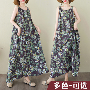 碎花裙子大摆裙子 夏季 新款 松弛感懒人裙极简花卉无袖 超长连衣裙
